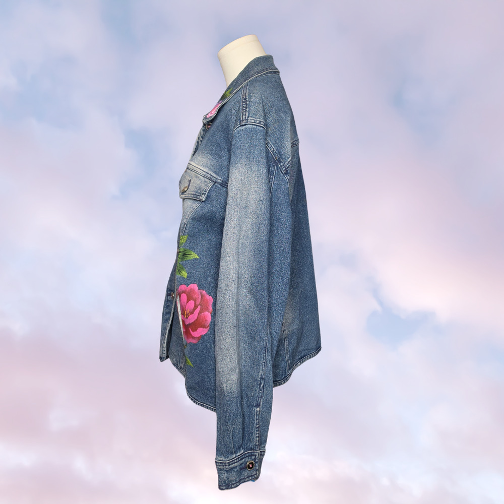 Vintage 1of1 Unique Hand Painted Roses Floral Pink Purple Peony Denim Jacket XL - Picture 3 of 6